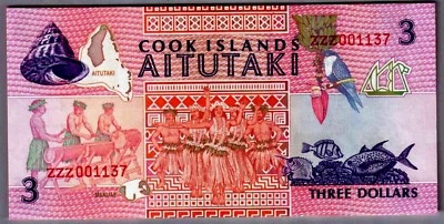 COOK ISLANDS 3 DOLLARS P-7 1992 Rare ZZZ Replacement BIRD FISH BOAT UNC BANKNOTE - Image 1 of 3