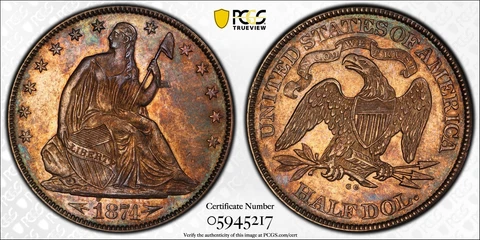 1874 CC SEATED LIBERTY HALF DOLLAR 50C PCGS & CAC CERTIFIED AU 55 ABOUT UNC (217 Cover
