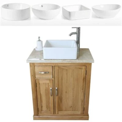 Bathroom Vanity Unit Free Standing Oak Cabinet Travertine Top Ceramic Basin 503 - Image 1 of 4