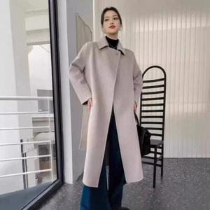 Womens 100% Wool Mid Long Coat Overcoat Double Sided Outwear Over Knee Length sz - Picture 1 of 25