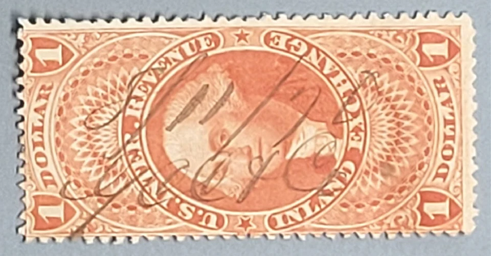 U.S.  Internal Revenue Inland Exch Stamp R69 $1.00 Revenue Canceled by Hand 1870 - Image 1 of 1