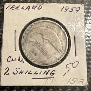 1959 Ireland Two 2 Shilling Florin Salmon Celtic Harp FREE SHIPPING - RARE Bin 3 - Picture 1 of 5