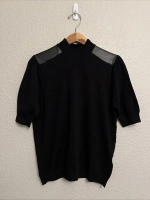 Ellen Tracy 毛衣上衣 Artsy 现代极简主义人造皮革模拟领黑色 XS — 第 1/4 张图片