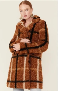 STOOSH GR XL karierter Teddy Long Mantel COGNAC/SCHWARZ/WEISS GEKERBTER KRAGEN DRUCKKNOPF - Bild 1 von 9