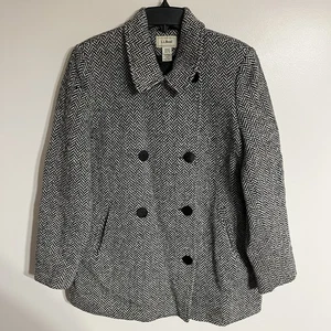 L.L. Bean VTG Wool Blend 16 REG Black Ivory Herringbone Pea Coat Anchor Button - Picture 1 of 12