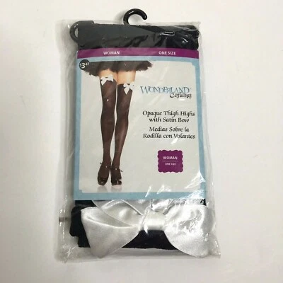 Wonderland Costumes Opaque Black Thigh Highs w/White Satin Bow One Size NEW - Image 1 of 3