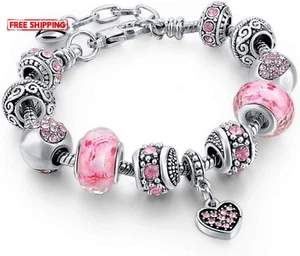 Pink Hearts Silver Plated Charm Bracelet Set, Jewelry Gifts with Beads Fits 7.5" - Picture 1 of 10