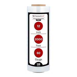 12" x 2000' 60 Gauge Cast Hand Stretch Wrap Clear Plastic Shrink Film 128 Rolls - Picture 1 of 8