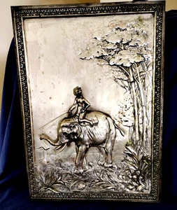 M ANTIQUE SILVERPLATE ON COPPER RELIEF PLAQUE ELEPANT,CACTUS - Picture 1 of 6