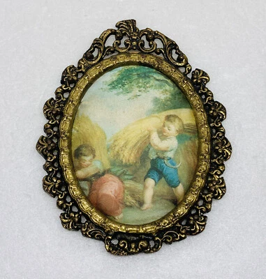 Rare Ornate Bronze Metal Framed Painted Silk Art “Kids Carrying Hay” Decor 23 - Image 1 of 4