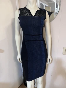 Elie Tahari Womens 4 Black Blue Weave Combo Sheath Dress With Lace Insets - Picture 1 of 6