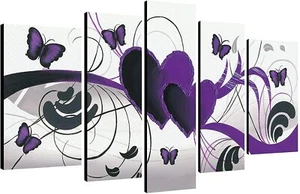 Wall Art Purple Love Butterfly 5 Panel Modern 100% Hand Painted Stretched Framed - Picture 1 of 6