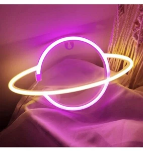 Planet Saturn Pink/Yellow Hanging Neon Light Decor USB /Battery - Picture 1 of 7