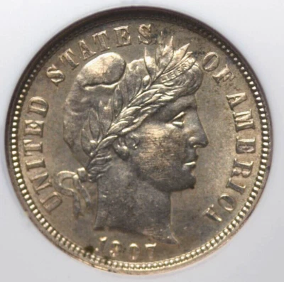 1907 BARBER DIME NGC MS 62 EXCELLENT LUSTER FAINT GOLDEN ACCENTS LOOKS CHOICE - Image 1 of 4