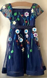 Monsoon Girls Dark Blue Chiffon Dress With Full Floral Appliqué Age 7 