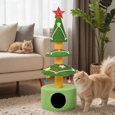 Christmas Cat Tree Pet Cats Kitten Cave Bed Cat Cozy Plush Igloo Cave House Deco - Image 1 of 4