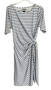 LANDS END dunkel royalblau weiß gestreift Kurzarm Taille Tie Kleid Gr S 6 8 - Bild 1 von 4