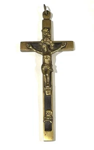 Antique Large Golgotha Crucifix Cross 6.5" Metal Ebony Wood German Skull Bones - Picture 1 of 6