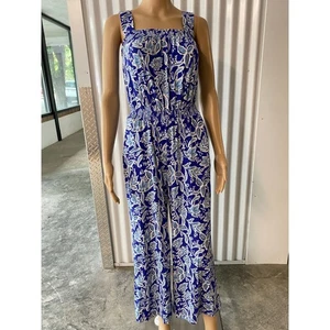 Boden Jumpsuit Blue Floral Print Smocked Cropped Wide Leg Casual Size US 2R - Picture 1 of 8