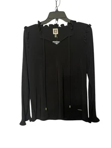 Anne Klein schwarze Bluse Langarm Rüschen Krawatte Damen Small Stretch romantisch - Bild 1 von 10