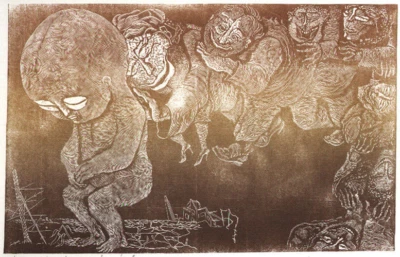 Holzstich Original WACHSTUMSEUPHORIE  von Robert Schanzenbacher - Bild 1 von 3