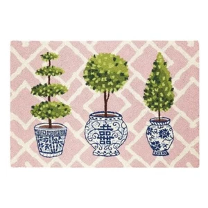 Chinoiserie Pink Topiary Kitchen Mat Wool Hooked Small Area Rug 2' x 3' Sink Rug - Picture 1 of 2