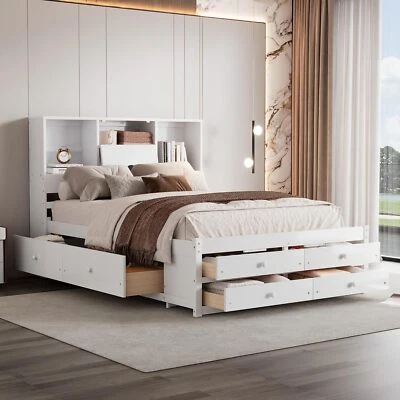 Queen King Size Platform Bed with Storage Drawers Bookcase Headboard Bed Frames - Image 1 of 4