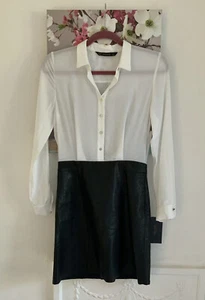 Zara Black Faux Leather Dress Contrast Ivory Blouse One Piece, Size UK XS 8-10 - Picture 1 of 11