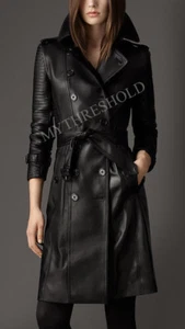 WOMEN'S TRENCH COAT STYLISH BLACK GENUINE REAL LEATHER/WALKING COAT - Picture 1 of 4
