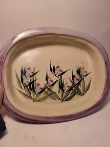 Studio Pottery Large Serving Dish With Handles Handpainted Signed purple floral - Picture 1 of 12