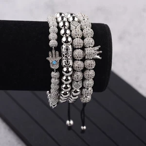Men Handmade Silver CZ Crown Round Beads Braided Rope Bracelet Adjustable Bangle - Picture 1 of 49