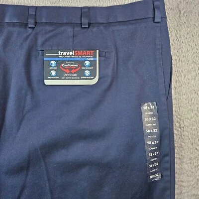 NWT Roundtree & Yorke Travel Smart Chino Pants Men 58x32  Pleated Front Navy - Image 1 of 4