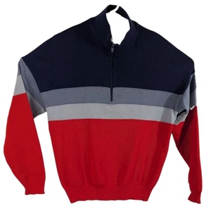 Demetre Striped Ski Sweater Mens XL USA Made Wool Blue Red Gray Vintage 1/4 Zip - Picture 1 of 13