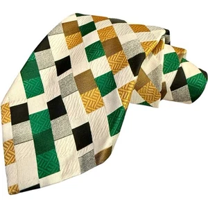 Vintage Christian Dior Tie WPL 490 Geometric Patchwork Print - Green Gold Black - Picture 1 of 5