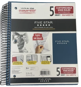 Five Star Spiral Notebook 5 Subject Customizable Wide Ruled 220 Sheets - Picture 1 of 3