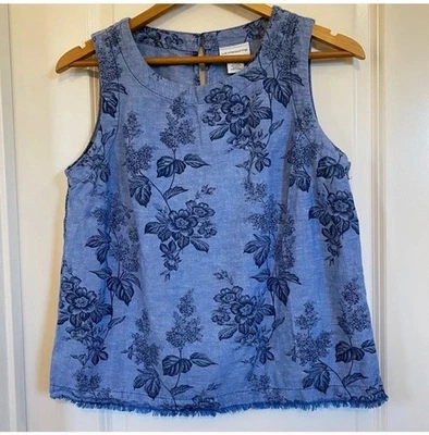 Liz Claiborne Linen Blend Sleeveless Tank Raw Hem BlueFloral size Small - Image 1 of 4