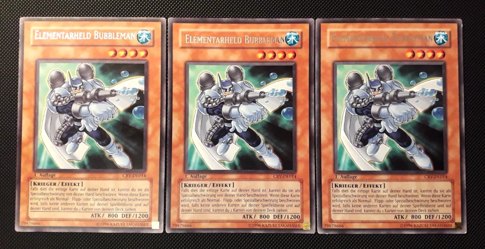 Yu-Gi-Oh! 3x Elementarheld Bubbleman, CRV-DE014, Rare, 1. Auflage, Deutsch, EX - Bild 1 von 2