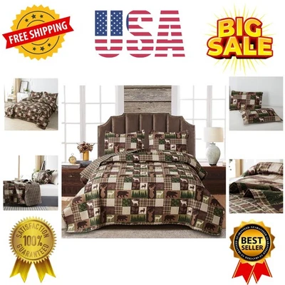 Oliven Reversible Lodge Plaid Bedding Moose Bear Quilt Full/Queen Size Rustic... - Image 1 of 4