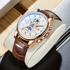 Orologio Cronografo Uomo Uomo Marca Moda Lusso Pelle Impermeabile Sport Quarzo - Foto 1 di 26