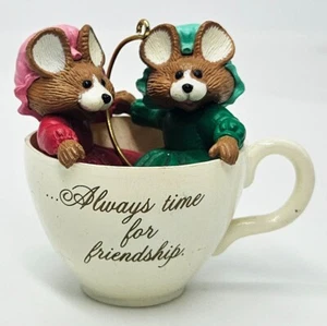 1989 Hallmark Ornament Pink + Green Mouse Mice Teacup Always Time For Friendship - Picture 1 of 5