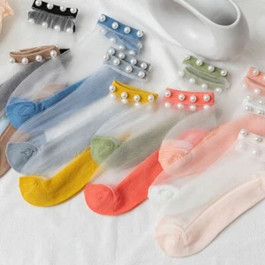 4 Pairs Women Mesh Ankle Socks Faux Pearl Beaded Lace Sheer Net Thin Summer Cute - Picture 1 of 24