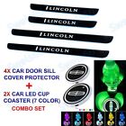 Blue B Car Door Scuff Sill Cover Panel Step Protector +LED Coaster For Lincoln