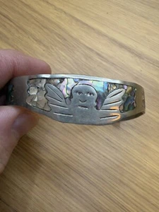 MEXICO TAXCO .925 ABALONE SHELL INLAID ANGEL CUFF OPEN BRACELET - Picture 1 of 10