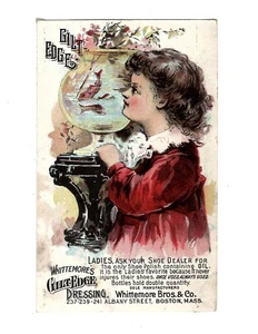 Victorian Trade Card 1800s Girl Looking at Fish Bowl Gilt Edge Shoe Polish - Bild 1 von 4
