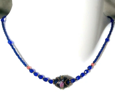 Collar hecho a mano con cuentas de murano azul cobalto para pastel de boda, detalles de cobre 15,75" Foto 1 de 4