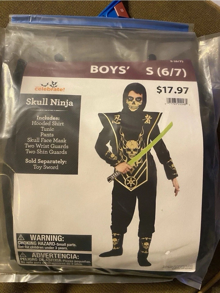 Fantasia de ninja masculina Way To Celebrate Skull. Tamanho SM (6-7). Novo com etiquetas. - Imagem 1 de 1