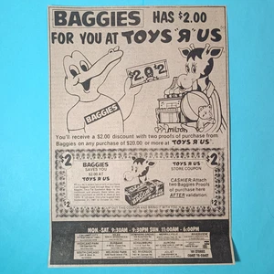 Anuncio impreso Toys R Us Baggies 1981 vintage años 80 Chicago ubicaciones Geoffrey Giraffe - Imagen 1 de 2