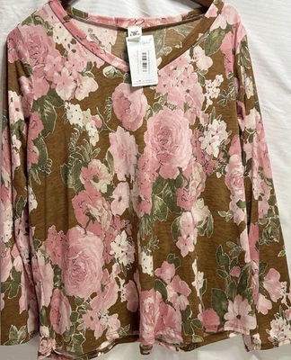 Top túnica Sew In Love floral manga larga cuello en V marrón rosa grande nuevo con etiquetas Foto 1 de 4