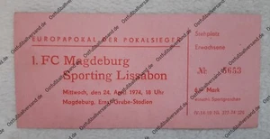 Original. Boleto 1.FC Magdeburgo Sporting Lisboa 50 J. EC 1974 RDA Lisboa fútbol - Imagen 1 de 2