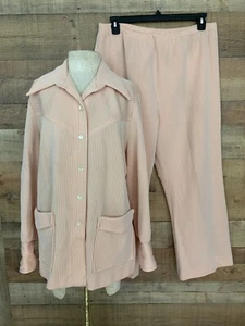 Vintage 1970s 2 Piece Peach Striped Knit Polyester Pant Set Size Large/XL - Picture 1 of 11
